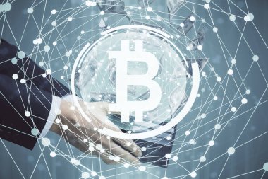 Hologram, Amerikan dolarları ve erkek eli gibi çok sayıda engelleme temasına maruz kalma. İş konsepti.