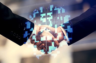 İki kişinin veri temalı hologramı ve el sıkışması. Bilişim endüstrisi konseptinde ortaklık.