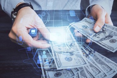 Sosyal ağ temasının çoklu pozlandırılması hologram, Amerikan dolarları ve insan eli.
