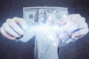 Sosyal ağ temasının çoklu pozlandırılması hologram, Amerikan dolarları ve insan eli.