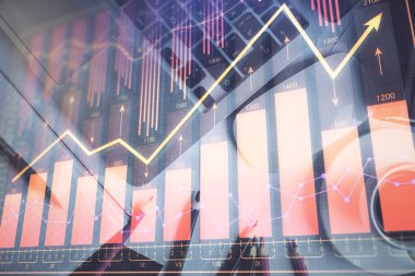 Bilgisayarla arka plan üzerine iki kat mali şema çizimi. Araştırma ve analiz kavramı. Üst görünüm.