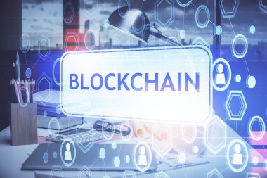 Kripto teknolojisi temalı çizim ve ofis içi arka planına çifte maruz kalma. Engelleme zinciri kavramı.
