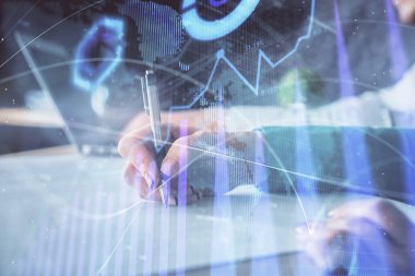 Ön x çizelgesinin arka plan notları alan insanların üzerini çizerken çift pozlama. Mali analiz kavramı