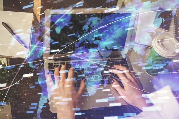Doble exposición de las manos de las mujeres que trabajan en la computadora y el tema de datos holograma dibujo. Concepto técnico. —  Fotos de Stock