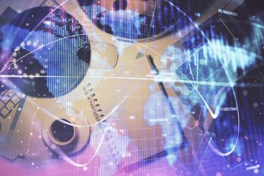 İş teması çizimi ve çalışma masasının üst veiw 'i. Uluslararası finans kavramı.