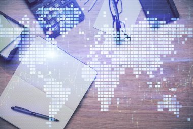 İş teması çizimi ve çalışma masasının üst veiw 'i. Uluslararası finans kavramı.