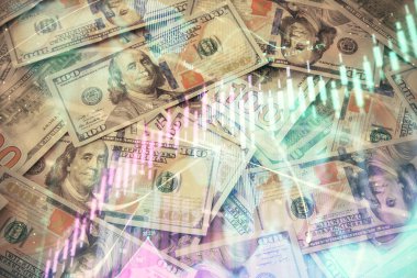 Forx grafiğinin çok sayıda görüntüsü bize dolar banknotları arka planında görünüyor. Finansal başarı piyasası kavramı.