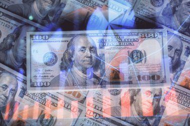 Forx grafiğinin çok sayıda görüntüsü bize dolar banknotları arka planında görünüyor. Finansal başarı piyasası kavramı.