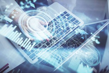 Kadın elinin bilgisayar ve iş temalı hologram çizimlerinde çok fazla pozlanması. Başarı konsepti.