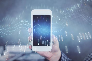 Erkeklerin el ele tutuşup dijital bir cihaz ve ön grafik çizimi kullanırken çift pozlama. Finansal piyasa kavramı.