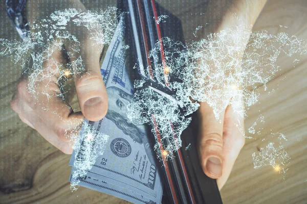 Sosyal ağ temasının çoklu pozlandırılması hologram, Amerikan dolarları ve insan eli. — Stok fotoğraf