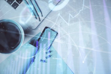 Bilgisayarla masaüstü arkaplanı üzerinde ön x grafik çizimi çift pozlama. Finansal analiz kavramı. Üst görünüm.