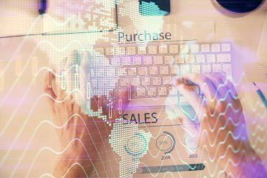 Dizüstü bilgisayar klavyesini ve ön x çizim hologramını yazarken çift pozlama. Üst Manzara. Finans piyasası kavramı.