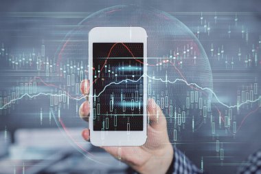 Erkeklerin el ele tutuşup dijital bir cihaz ve ön grafik çizimi kullanırken çift pozlama. Finansal piyasa kavramı.