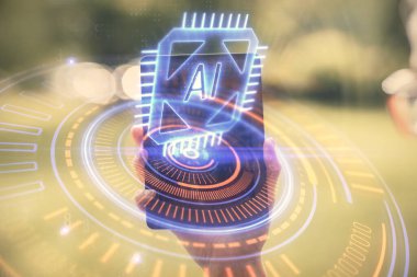 Teknolojiye çifte maruz kalma, hologram çizimi ve cep telefonu kullanan bir kadın. Ai kavramı