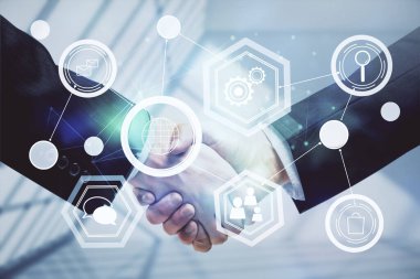 İki kişinin sosyal ağ temalı hologramı ve el sıkışması.