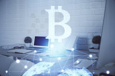 Kripto teknolojisi temalı çizim ve ofis içi arka planına çifte maruz kalma. Engelleme zinciri kavramı.