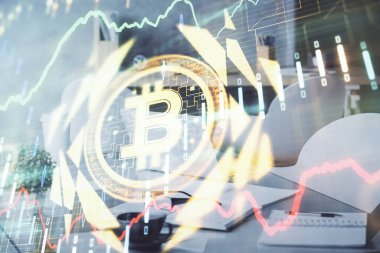 Kripto teknolojisi temalı çizim ve ofis içi arka planına çifte maruz kalma. Engelleme zinciri kavramı.