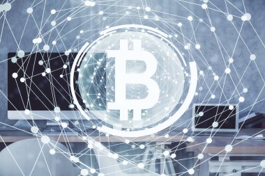 Kripto teknolojisi temalı çizim ve ofis içi arka planına çifte maruz kalma. Engelleme zinciri kavramı.