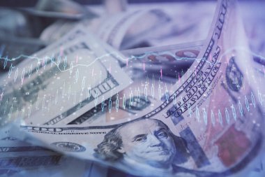 Önx grafiğinin arka plandaki dolarları iki katına çıkarması. Finans piyasası kavramı.