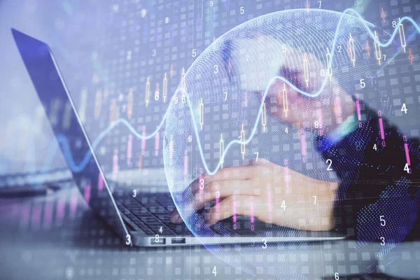 Doppelbelichtung von Geschäftsfrau Hände Tippen auf Computer und Forex-Graph Hologrammzeichnung. Finanzanalysekonzept. — Stockfoto