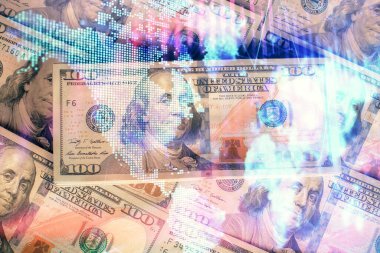 Forx grafiğinin çok sayıda görüntüsü bize dolar banknotları arka planında görünüyor. Finansal başarı piyasası kavramı.