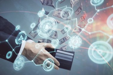 Sosyal ağ temasının çoklu pozlandırılması hologram, Amerikan dolarları ve insan eli.