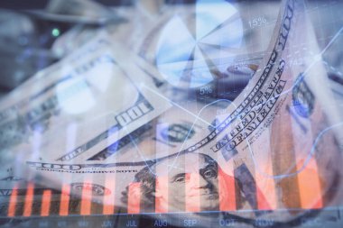 Önx grafiğinin arka plandaki dolarları iki katına çıkarması. Finans piyasası kavramı.