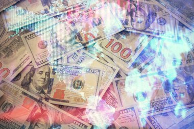 Forx grafiğinin çok sayıda görüntüsü bize dolar banknotları arka planında görünüyor. Finansal başarı piyasası kavramı.
