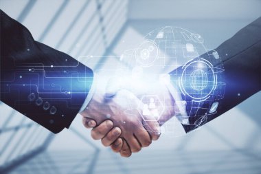 İki kişinin sosyal ağ temalı hologramı ve el sıkışması.