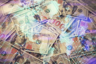 Forx grafiğinin çok sayıda görüntüsü bize dolar banknotları arka planında görünüyor. Finansal başarı piyasası kavramı.