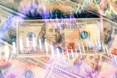 Forx grafiğinin çok sayıda görüntüsü bize dolar banknotları arka planında görünüyor. Finansal başarı piyasası kavramı.