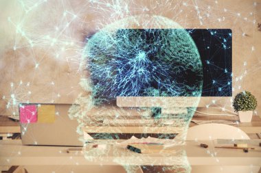 Beyin çizimine ve ofis içi arka planına çoklu maruz kalma. Veri teknolojisi kavramı.