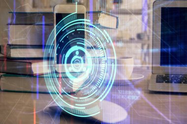 Veri teması çizimi ve cep telefonu arkaplanı çift pozlama. Yenilik kavramı