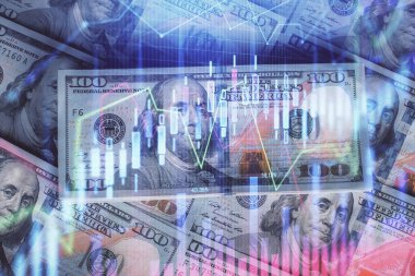 Forx grafiğinin çok sayıda görüntüsü bize dolar banknotları arka planında görünüyor. Finansal başarı piyasası kavramı.