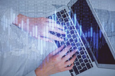 Bilgisayar ve ön x çizim hologramı üzerinde çalışan kadın elleri çift pozlama. Üst Manzara. Mali analiz kavramı.