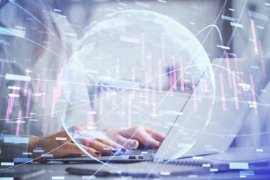 Bilgisayar ve ön grafik hologram çizimi üzerinde çalışan kadın elleri çift pozlama. Mali analiz kavramı.