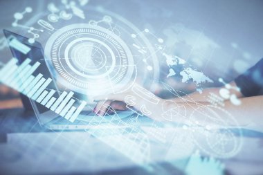 Kadın elinin bilgisayar ve iş temalı hologram çizimlerinde çok fazla pozlanması. Başarı konsepti.