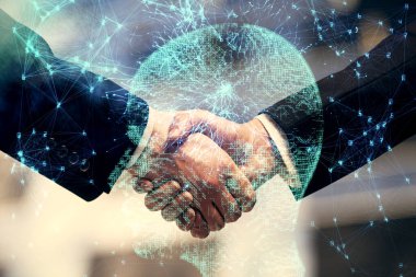 Beyin hologramının iki katına çıkması ve iki adamın el sıkışması. Bilişim endüstrisi konseptinde ortaklık.