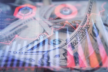 Önx grafiğinin arka plandaki dolarları iki katına çıkarması. Finans piyasası kavramı.
