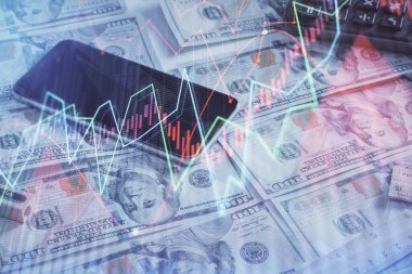 Önx grafiğinin arka plandaki dolarları iki katına çıkarması. Finans piyasası kavramı.