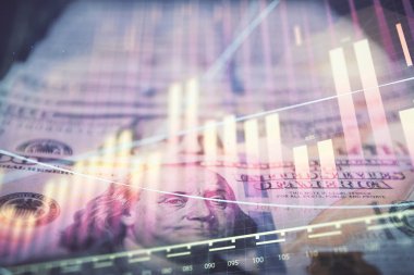 Önx grafiğinin arka plandaki dolarları iki katına çıkarması. Finans piyasası kavramı.