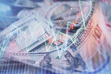 Önx grafiğinin arka plandaki dolarları iki katına çıkarması. Finans piyasası kavramı.