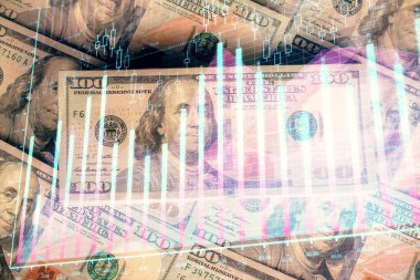 Forx grafiğinin çok sayıda görüntüsü bize dolar banknotları arka planında görünüyor. Finansal başarı piyasası kavramı.