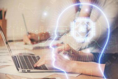 Bilgisayar ve beyin hologramı çizimleri üzerinde çalışan çok sayıda kadın eli var. Ai kavramı.