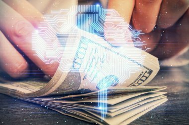 Beynin holograma maruz kalması, bize dolar banknotları ve insan eli çizmesi. Ai yatırım konsepti