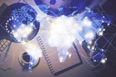 İş teması çizimi ve çalışma masasının üst veiw 'i. Uluslararası finans kavramı.