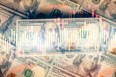 Forx grafiğinin çok sayıda görüntüsü bize dolar banknotları arka planında görünüyor. Finansal başarı piyasası kavramı.