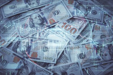 Önx grafiğinin arka plandaki dolarları iki katına çıkarması. Finans piyasası kavramı.