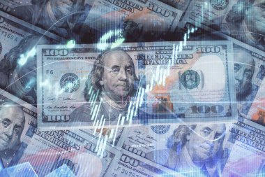 Forx grafiğinin çok sayıda görüntüsü bize dolar banknotları arka planında görünüyor. Finansal başarı piyasası kavramı.